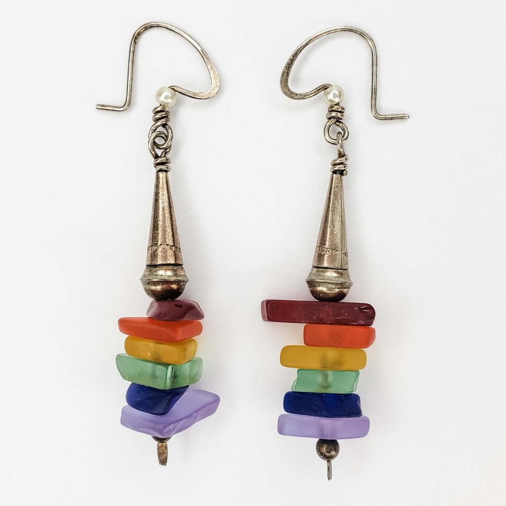 Vintage Drop Earrings Sterling Silver 925 Beach Glass Rainbow Boho Dangle